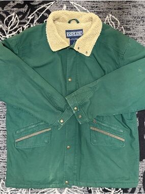 Lands' End Vintage Green Workwear Barn Jacket with Cream Sherpa Lining